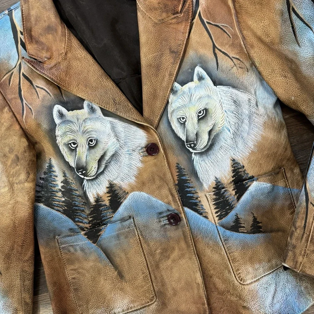 VTG Hand Painted Wolf Alaska Nature Brown Faux Leather Jacket Tagged Size XL - Picture 5 of 9